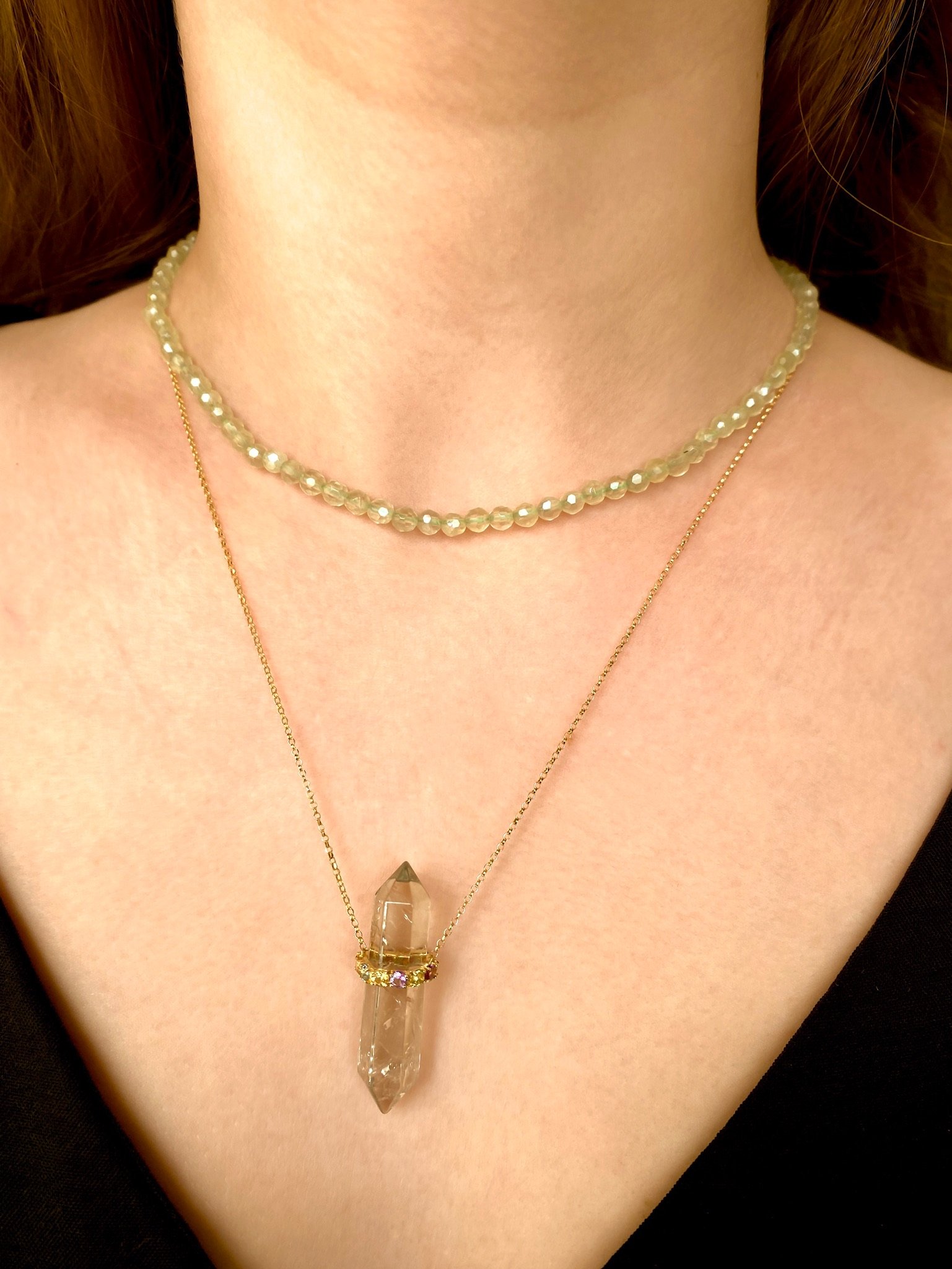 Colar Longo Prisma Praziolita, Topázios e Ametista
